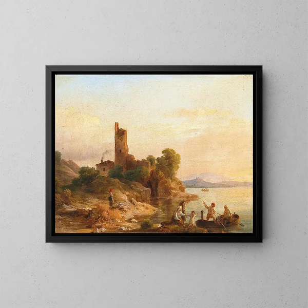 Paisaje italiano con pescadores en el lago - Károly Markó — cuadro enmarcado en la pared