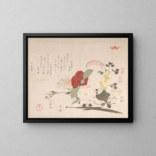 de flores cortadas: clemátide, arbusto de trébol, iris, camelia y azalía - Kubo Shunman — cuadro enmarcado en la pared