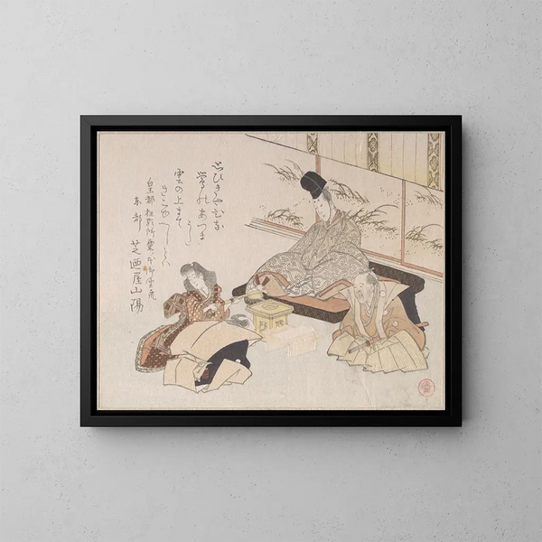 Noble recibiendo un poema humorístico kyōka de Shibanoya Sanyō, maestro del kyōka - Kubo Shunman — cuadro enmarcado en la pared