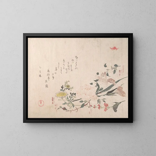 Rosa, iris, prímula y margarita - Kubo Shunman — cuadro enmarcado en la pared