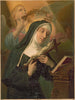 a saint holding a crucifix while an angel places a crown of thorns on her head - Kunstanstalten A. G. — artwork view