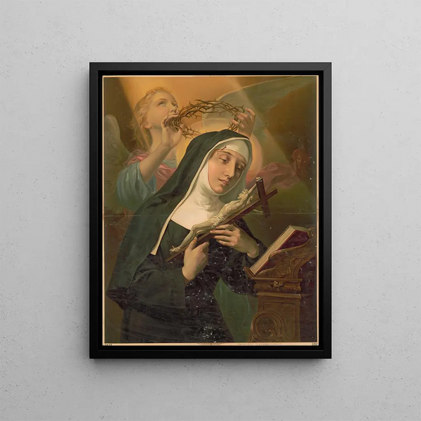 Kunstanstalten AG - Female saint holding crucifix while crown of thorns is placed on her head by an angel.webp