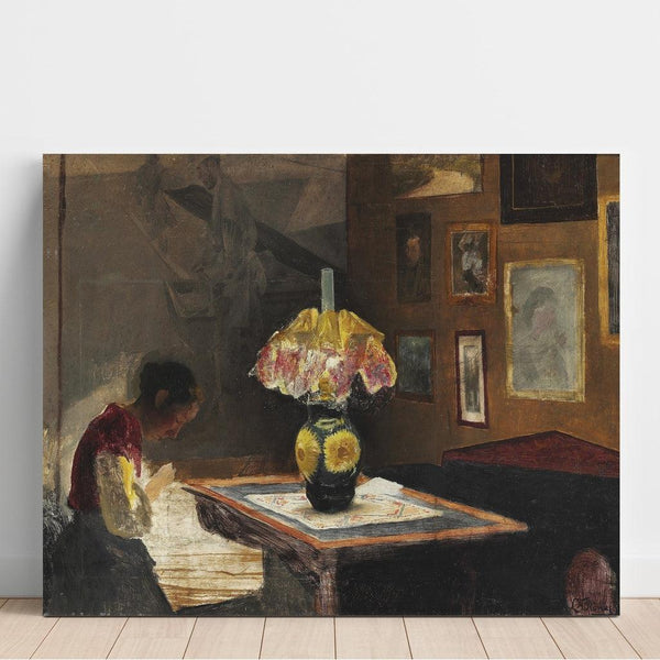 Reproduction of the painting L' of the artist Sigrid sewing by lamplight - Laurits Andersen Ring