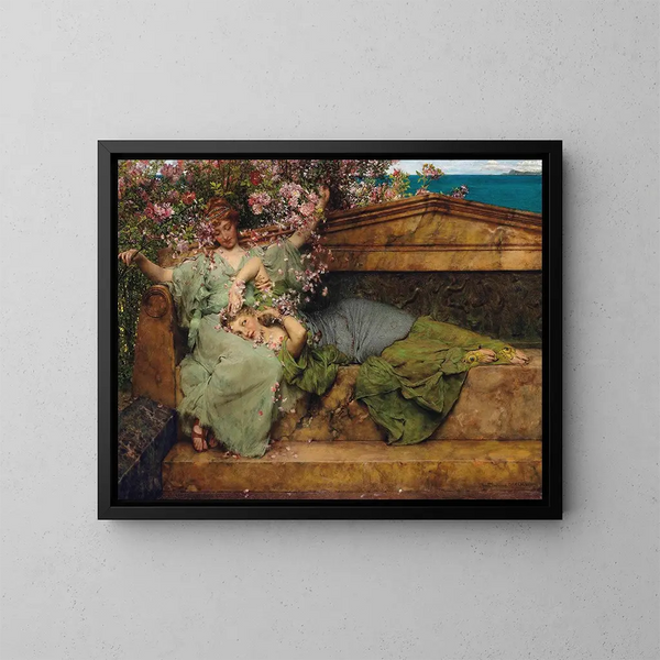 In a Rose Garden - Lawrence Alma-Tadema — framed artwork on a wall
