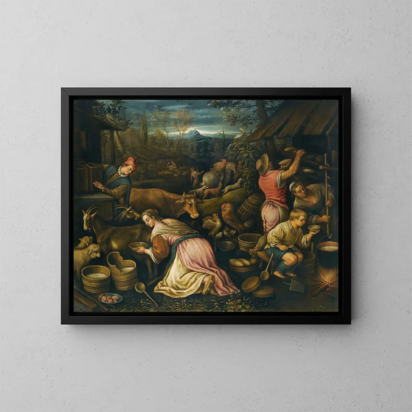 Primavera, una escena de pueblo con campesinos tratando cabras y haciendo pan - Leandro Bassano — cuadro enmarcado en la pared
