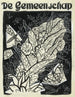 Concepción de la cubierta de La Comunidad con una representación de mariposas volando alrededor de hojas y flores - Leo Gestel — vista de la obra