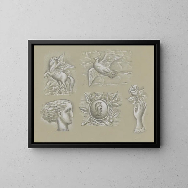 Concepciones para una impresión artística de un filigrana de billete: Pegaso, paloma, cabeza de mujer, escudo y mano con rosa - Leo Gestel — cuadro enmarcado en la pared