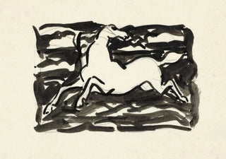 Leo Gestel - Springend paard met het hoofd naar achteren gedraaid in een kader met op de achtergrond golven.webp