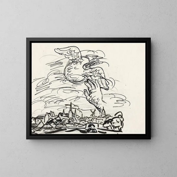 Sin título, boceto de viñeta para la biografía de Gestel por Van der Pluym, vista de Woerden con una mano extendida hacia una paleta alada - Leo Gestel — cuadro enmarcado en la pared