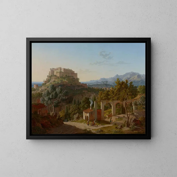 Landscape painting with the Massa di Carrara castle - Leo von Klenze — framed artwork on a wall