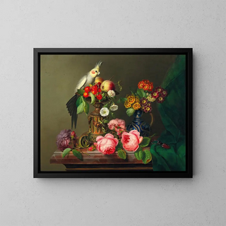 Leopold Brunner the Elder - Still Life with Roses Fruit Cockatiel and Stag Beetle.webp