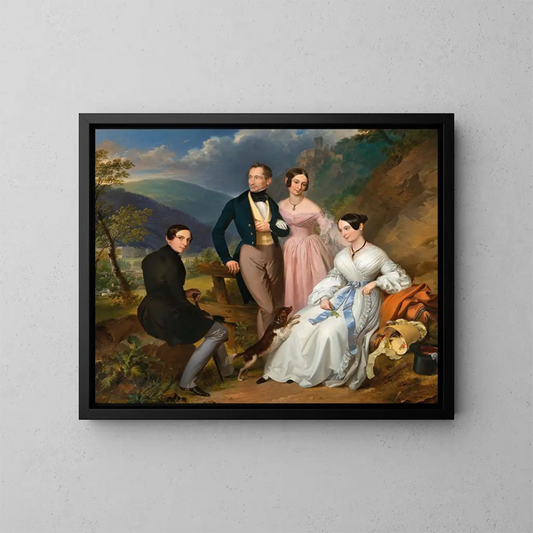 Un retrato de familia frente al castillo de Weilburg en Baden - Leopold Fertbauer — cuadro enmarcado en la pared