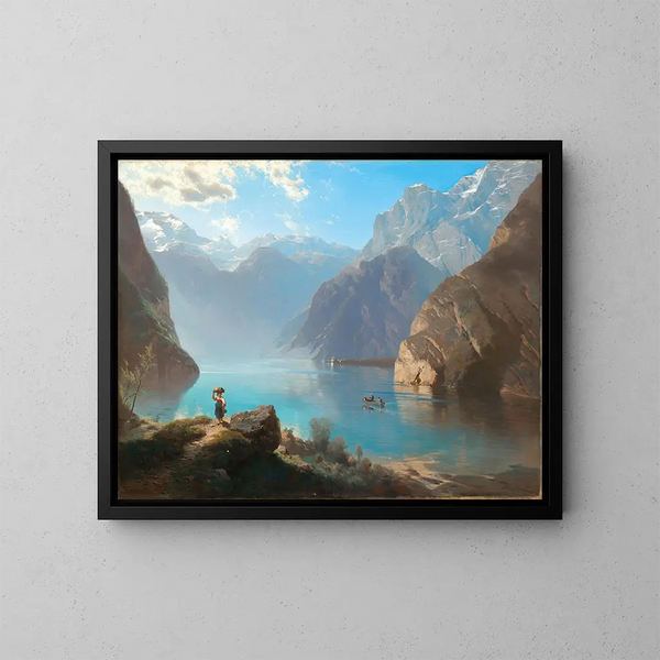 Una escena en el lago Königssee con san Bartolomé - Leopold Heinrich Vöscher — cuadro enmarcado en la pared