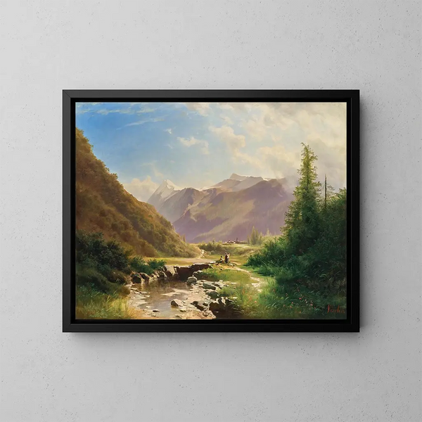 Bergers reposant dans un vaste paysage de montaña - Leopold Heinrich Vöscher — cuadro enmarcado en la pared