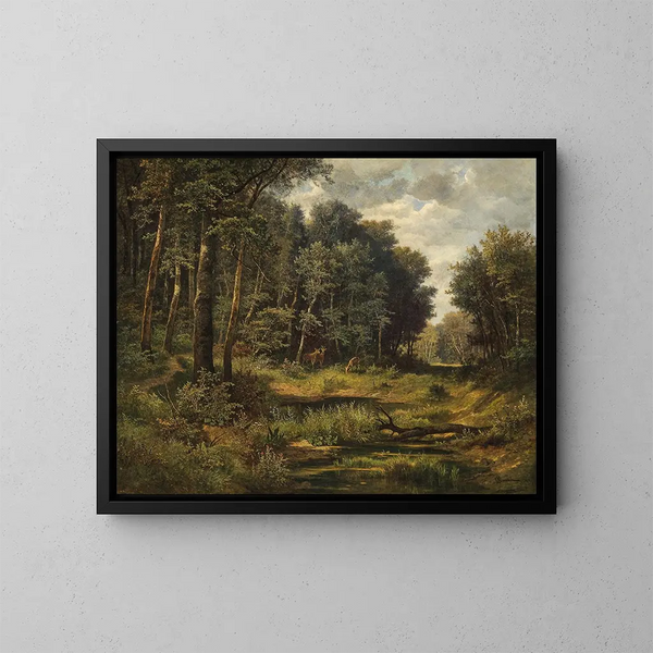 Venado junto al estanque forestal - Leopold Munsch — cuadro enmarcado en la pared