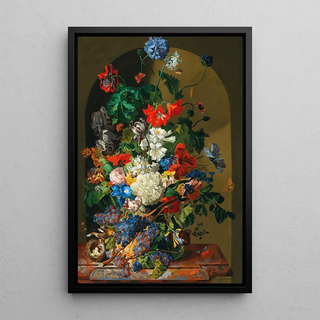 Leopold Zinngger - A large bouquet of flowers with a birds nest butterflies and grapes.webp