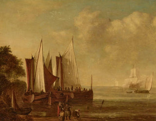 Lieve Pietersz Verschuier - Sailing barges off the coast with figures standing on the shore.webp