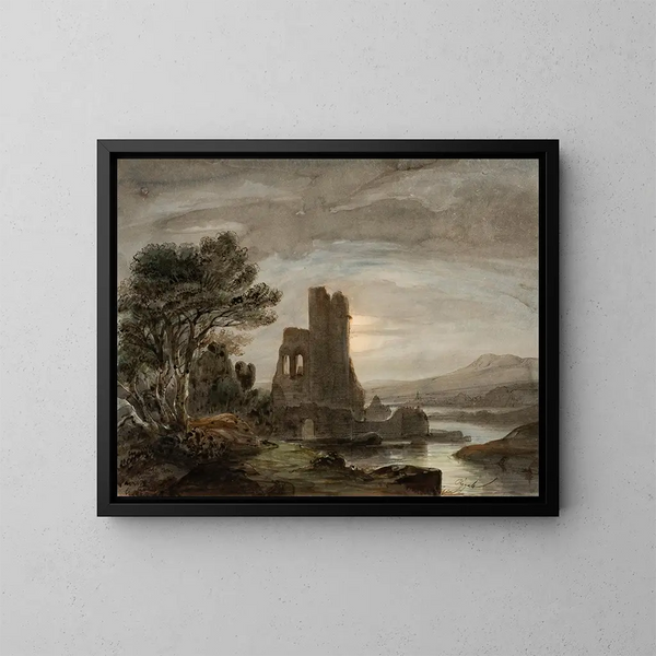 paisaje nocturno con monasterio en ruinas - Lluís Rigalt — cuadro enmarcado en la pared