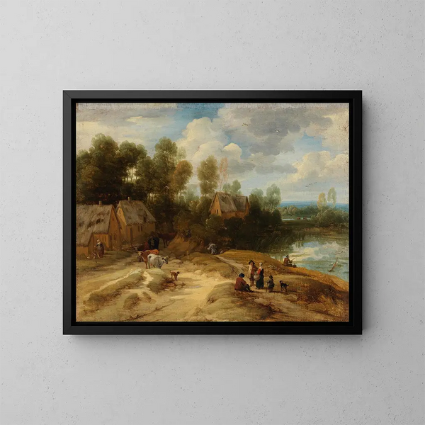 Paisaje con campesinos y ganado - Lodewijk de Vadder — cuadro enmarcado en la pared