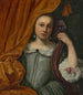 Retrato de una niña mirando detrás de una cortina naranja - Lodewijk van der Helst — vista de la obra