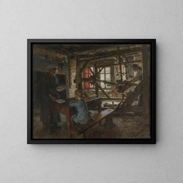 Figuras en un interior de cabaña - Léon Augustin Lhermitte — cuadro enmarcado en la pared