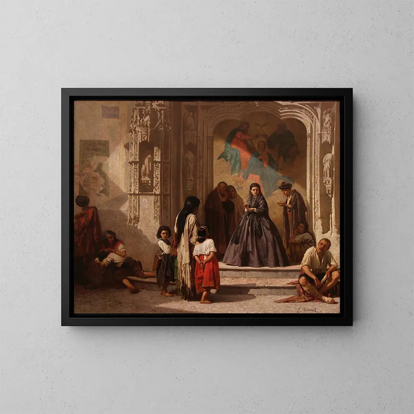 Joven mujer haciendo la caridad en la entrada de la capilla del hospital San Sebastián, Córdoba - Léon Bonnat — cuadro enmarcado en la pared
