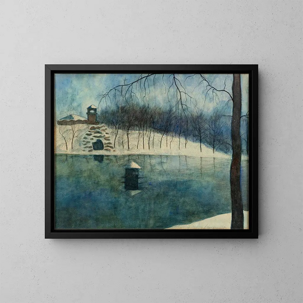 El parque Léopold de Ostende con el estanque y el Trinkhall bajo la nieve - Léon Spilliaert — cuadro enmarcado en la pared