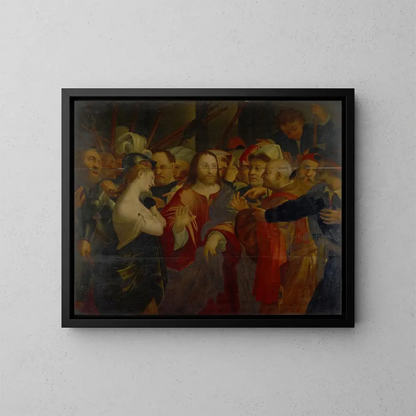 El Cristo y la mujer adúltera - Lorenzo Lotto — cuadro enmarcado en la pared
