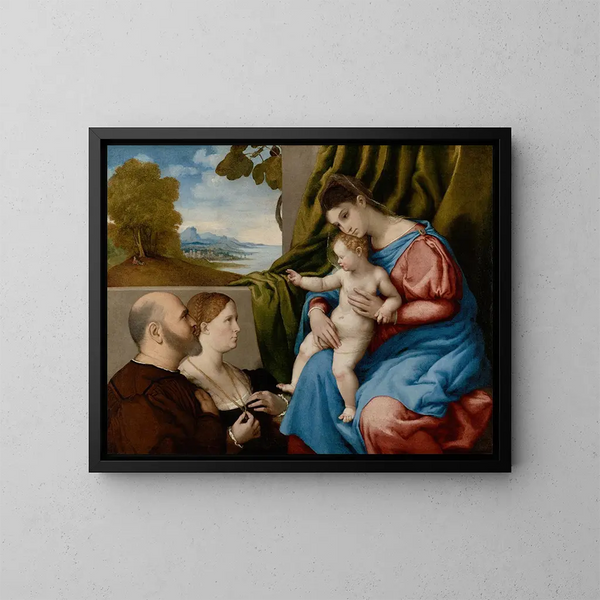 Virgen con el Niño y dos donantes - Lorenzo Lotto — cuadro enmarcado en la pared