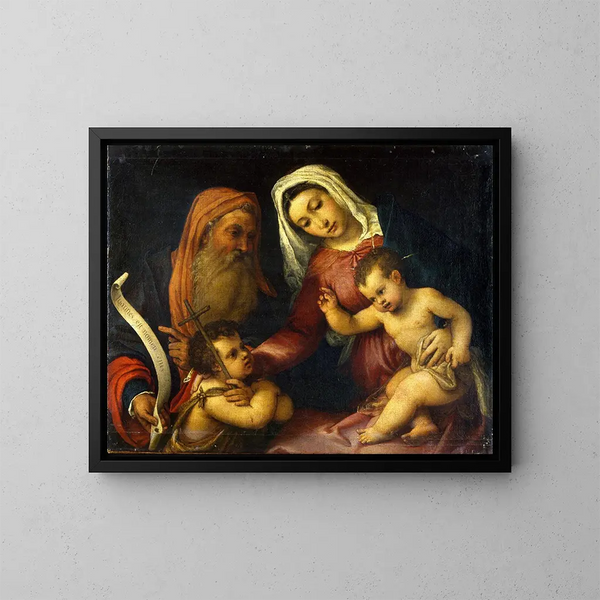 La Virgen y el Niño con los santos Zacarías y Juan Bautista - Lorenzo Lotto — cuadro enmarcado en la pared