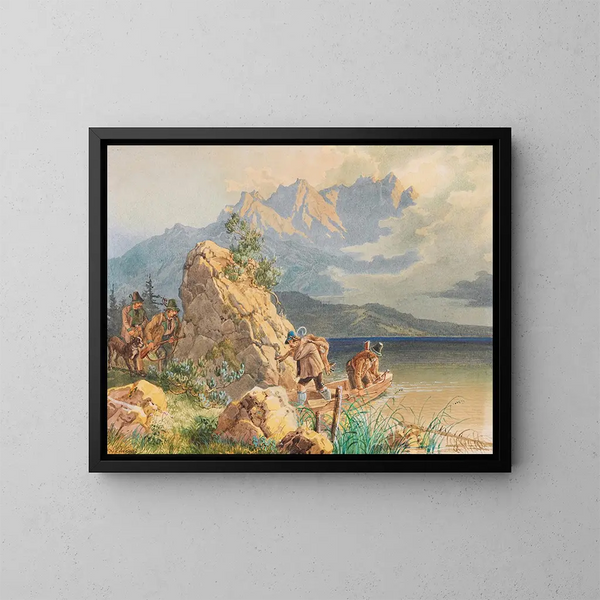 Cazadores y cazadores furtivos en el lago Eibsee cerca del Zugspitze - Lorenzo Quaglio — cuadro enmarcado en la pared