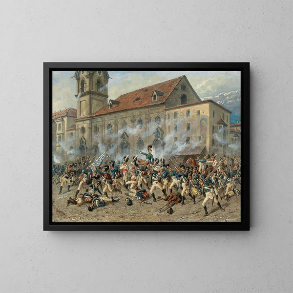 Karl Freiherr von Ditfurth luchando contra los tiroleses frente a la iglesia del hospital en Innsbruck - Louis Braun — cuadro enmarcado en la pared
