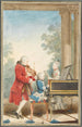 Portrait painting of Wolfgang Amadeus Mozart Salzburg 1756-Vienna 1791 playing in Paris with his father Jean-Georg-Léopold and his sister Maria-Anna - Louis Carrogis Carmontelle — artwork view