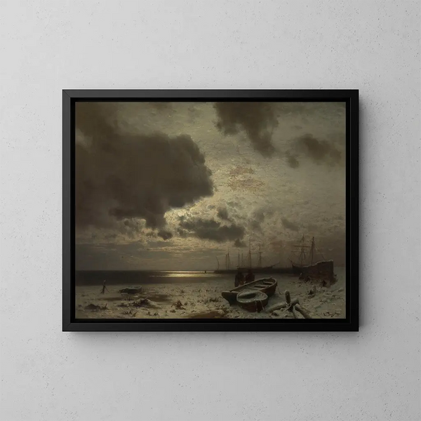 Moonlight winter painting - Louis Douzette — framed artwork on a wall