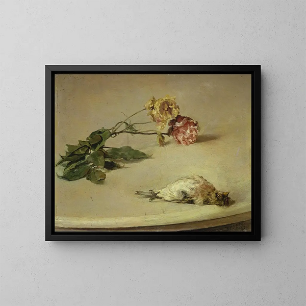Bird of prey and two roses on a table - Louis Eysen — framed artwork on a wall