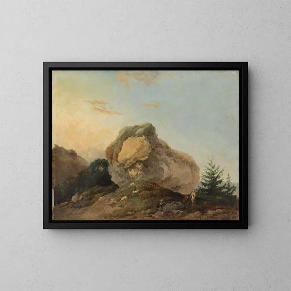 a rolling landscape with a large rock and a shepherd and a shepherdess with their flock - Louis Gabriel Moreau — framed artwork on a wall