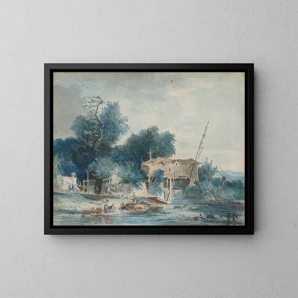 a river landscape with washerwomen near a mill - Louis Gabriel Moreau — framed artwork on a wall
