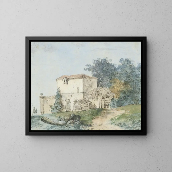 Country house in a landscape - Louis Gabriel Moreau — framed artwork on a wall