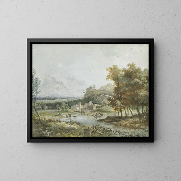 Italian landscape with a nautical festival - Louis Gabriel Moreau — framed artwork on a wall