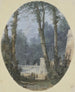 Landscape of a park with large trees and a stone ramp at MidField - Louis Gabriel Moreau — artwork view