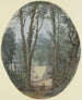Landscape painting of a park with large trees and a view of a staircase in the middle - Louis Gabriel Moreau — artwork view