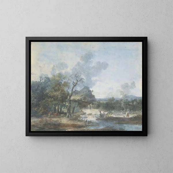 Bergère near a waterfall - Louis Gabriel Moreau — framed artwork on a wall