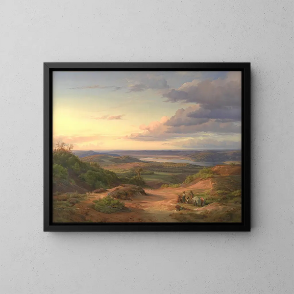 Un paisaje cerca de Himmelbjerget, Jutland. En primer plano, una familia gitana. - Louis Gurlitt — cuadro enmarcado en la pared