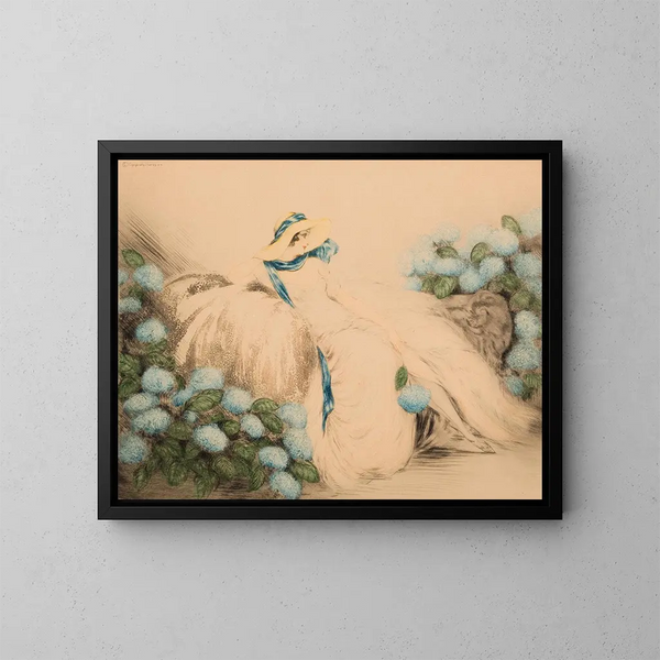 Dame aux fleurs bleues - Louis Icart — cuadro enmarcado en la pared