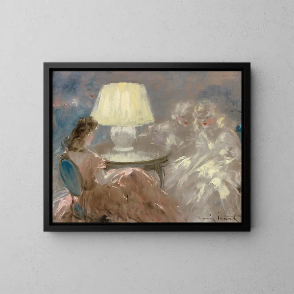 Bajo la lámpara - Louis Icart — cuadro enmarcado en la pared