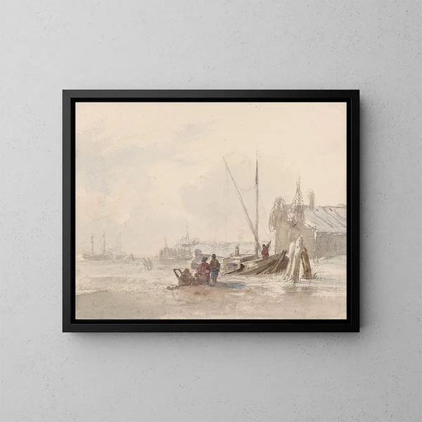 Vista de playa con pescadores cerca de un barco en primer plano - Louis Meijer — cuadro enmarcado en la pared