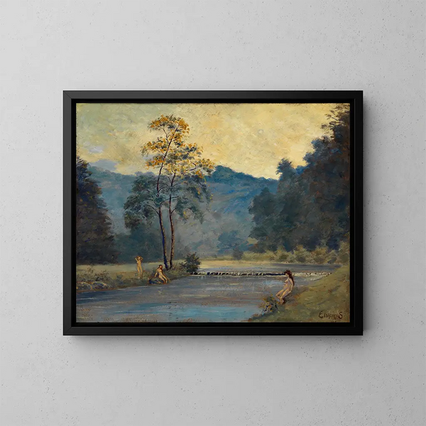 Tres chicas y un río - Louis Michel Eilshemius — cuadro enmarcado en la pared
