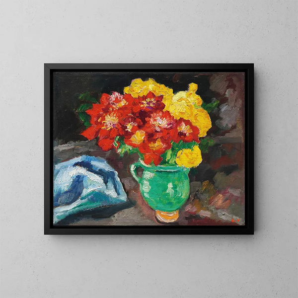 de jarra verde, nenúfares amarillos y rojos - Louis Valtat — cuadro enmarcado en la pared