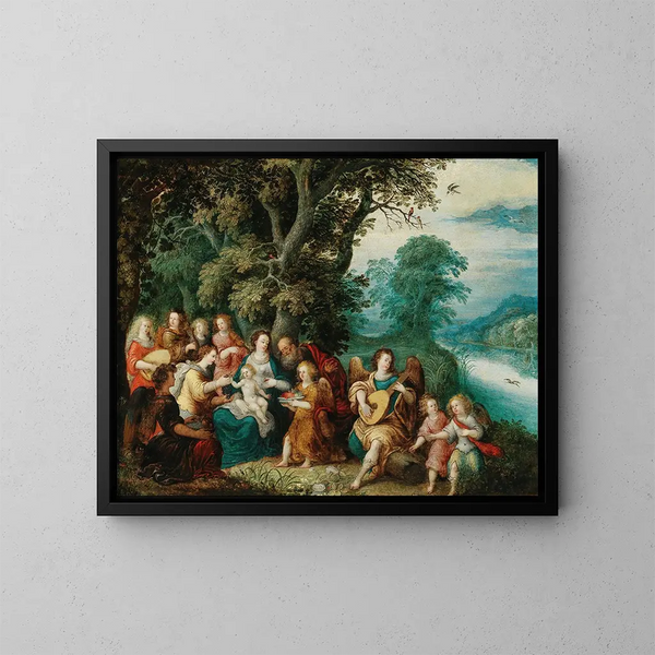 La Santa Familia con ángeles músicos en un paisaje - Louis de Caullery — cuadro enmarcado en la pared