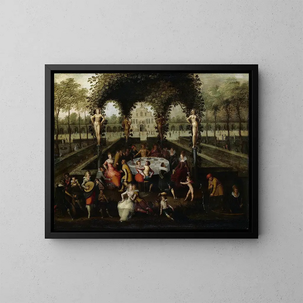 Venus, Baco y Ceres con mortales en un jardín de amor - Louis de Caullery — cuadro enmarcado en la pared
